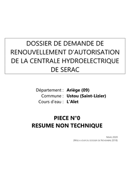 Dossier De Demande De Renouvellement D’Autorisation De La Centrale Hydroelectrique De Serac