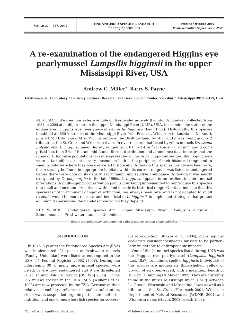 A Re-Examination of the Endangered Higgins Eye Pearlymussel Lampsilis Higginsii in the Upper Mississippi River, USA