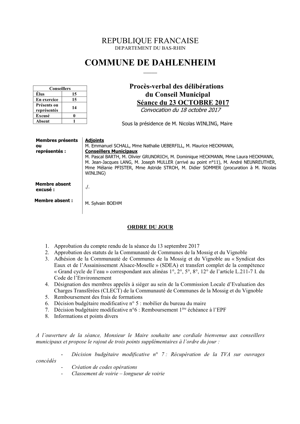 Procès-Verbal Du Conseil Municipal