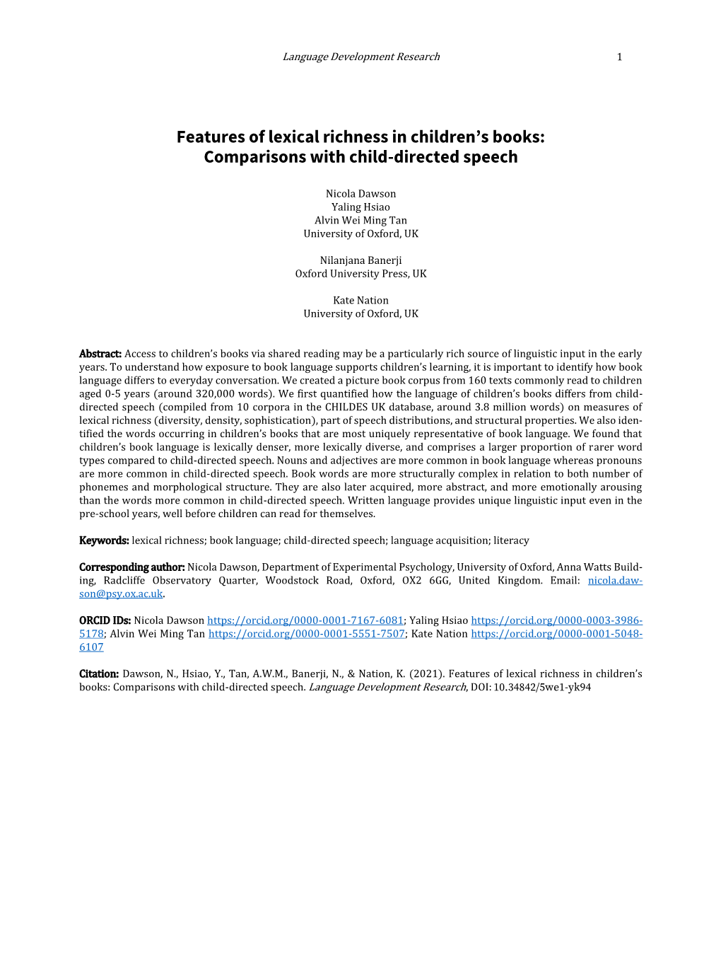 Features of Lexical Richness in Children's Books: Comparisons with Child-Directed Speech