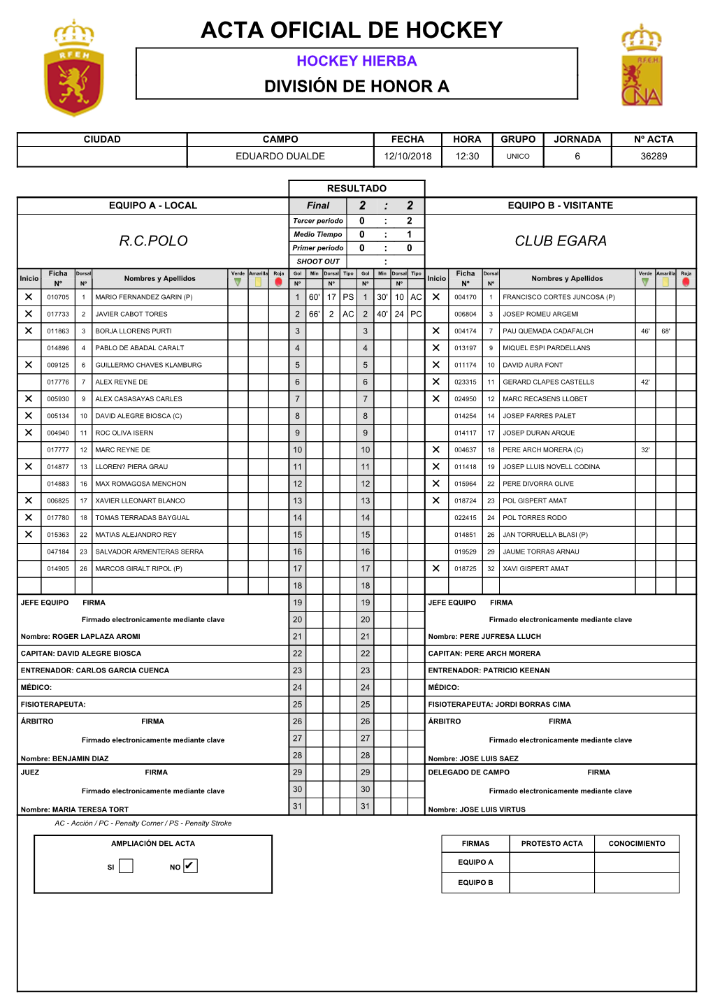 Acta Oficial De Hockey Hockey Hierba División De Honor A