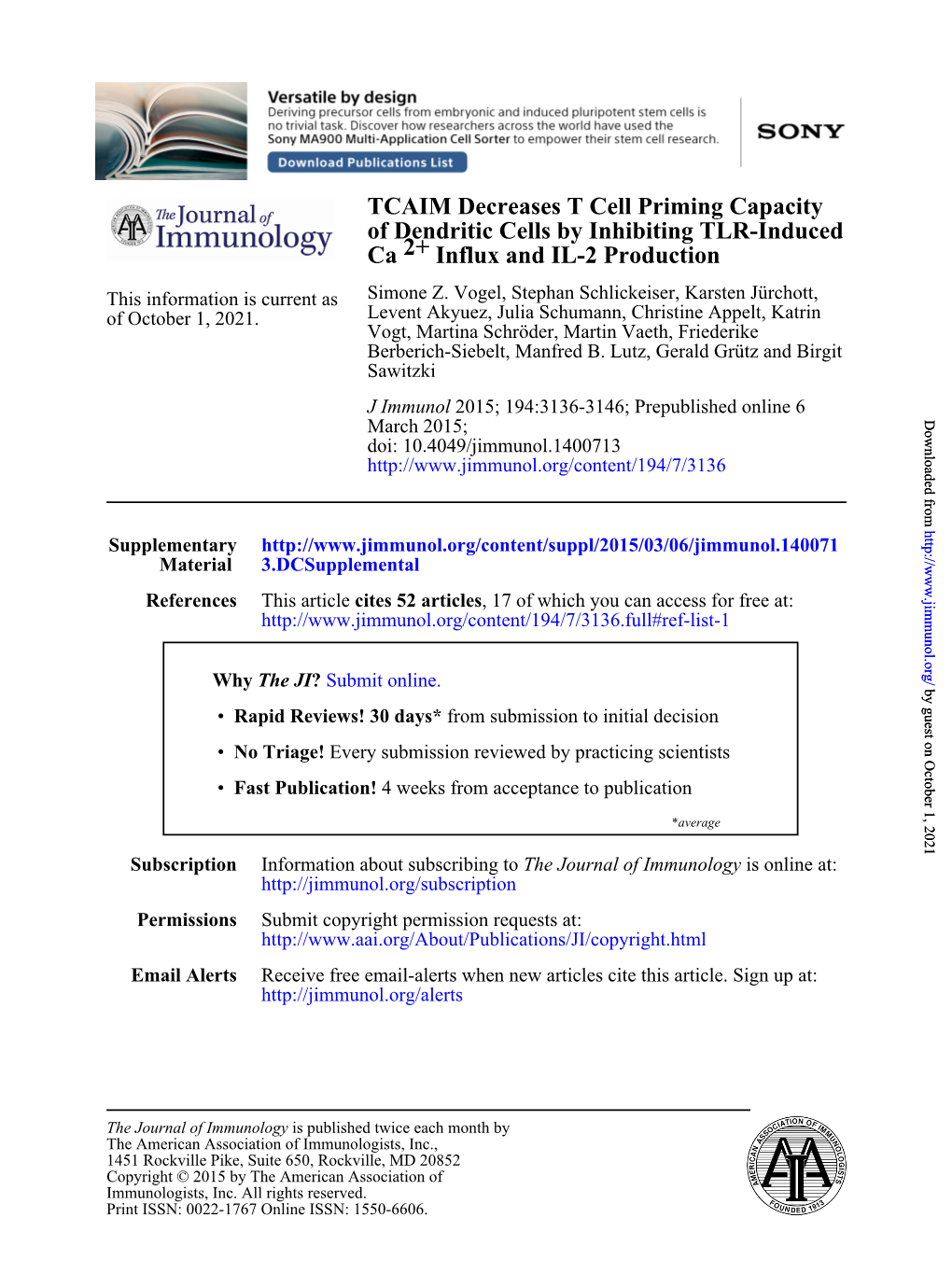 Influx and IL-2 Production 2+ Ca TLR-Induced of Dendritic Cells By