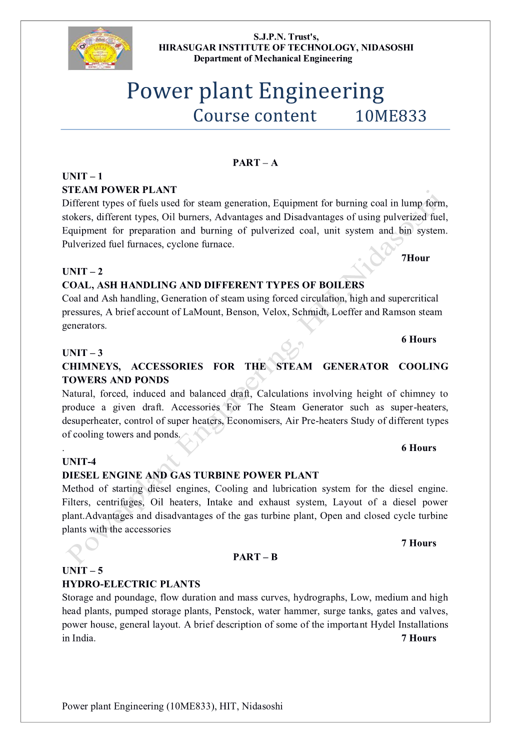 Power Plant Engineering Course Content 10ME833