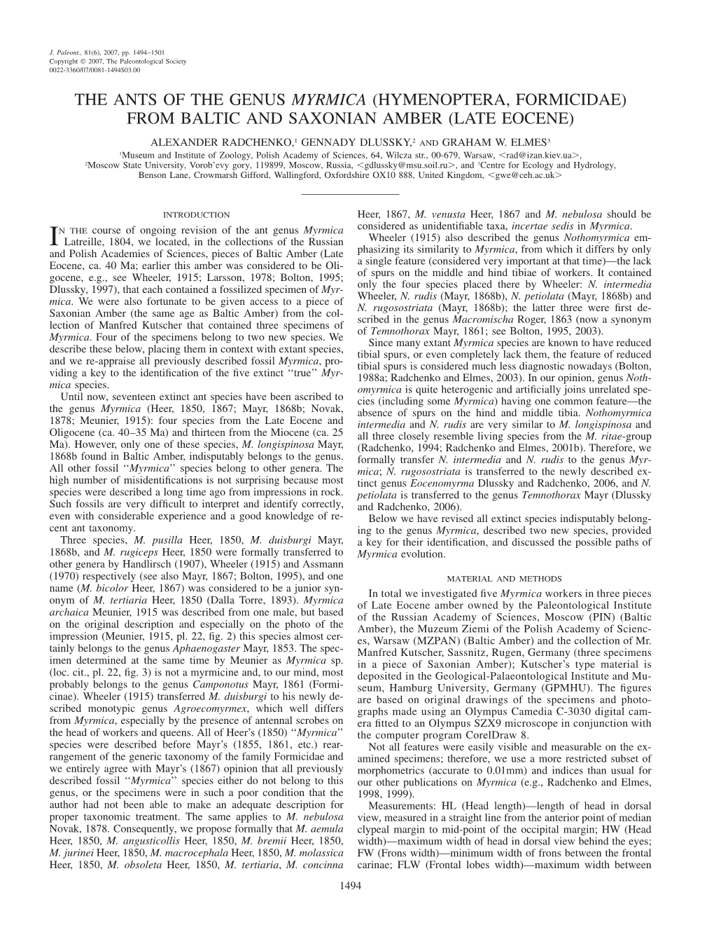 The Ants of the Genus Myrmica (Hymenoptera, Formicidae) from Baltic and Saxonian Amber (Late Eocene)