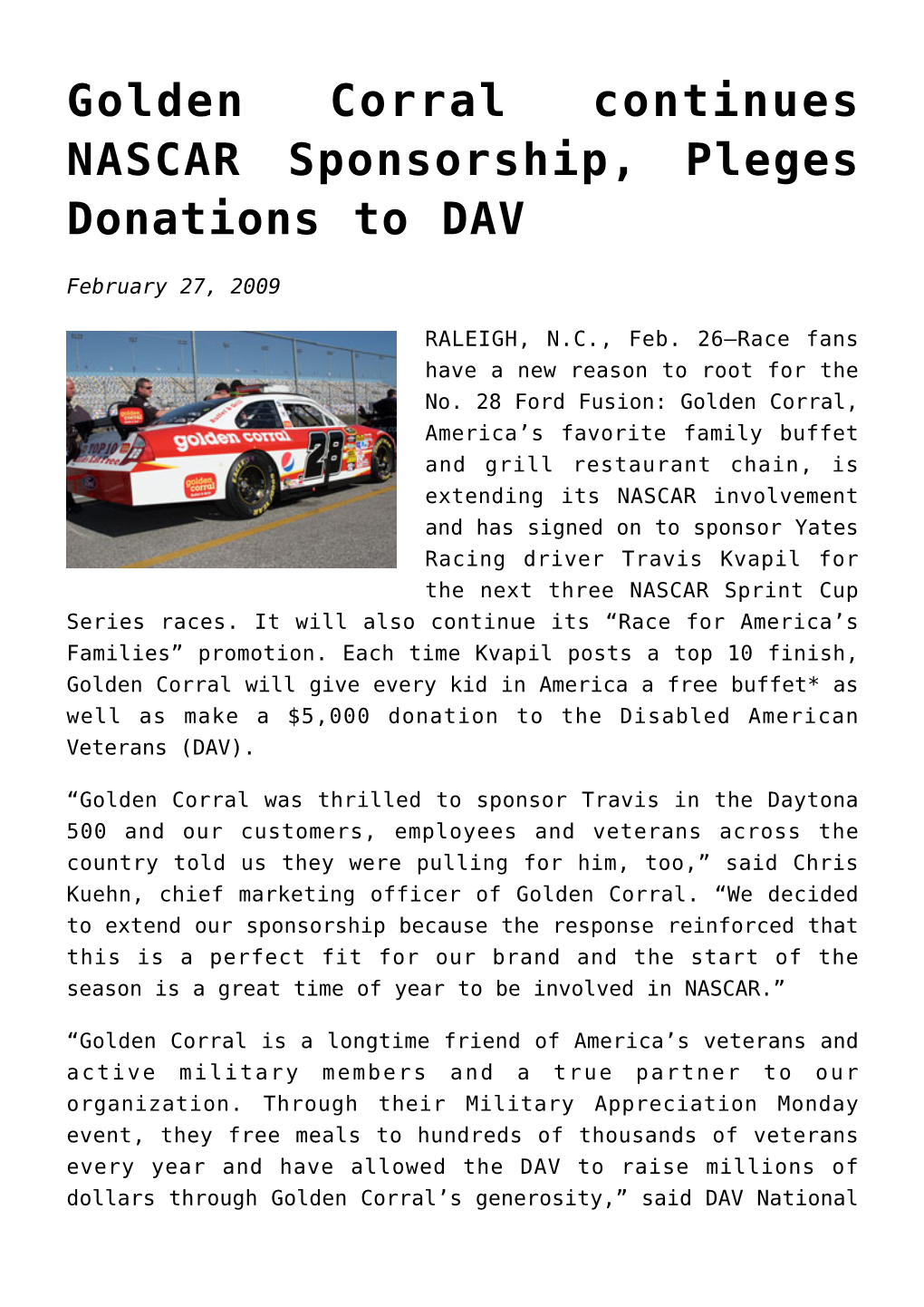 Golden Corral Continues NASCAR Sponsorship, Pleges Donations to DAV