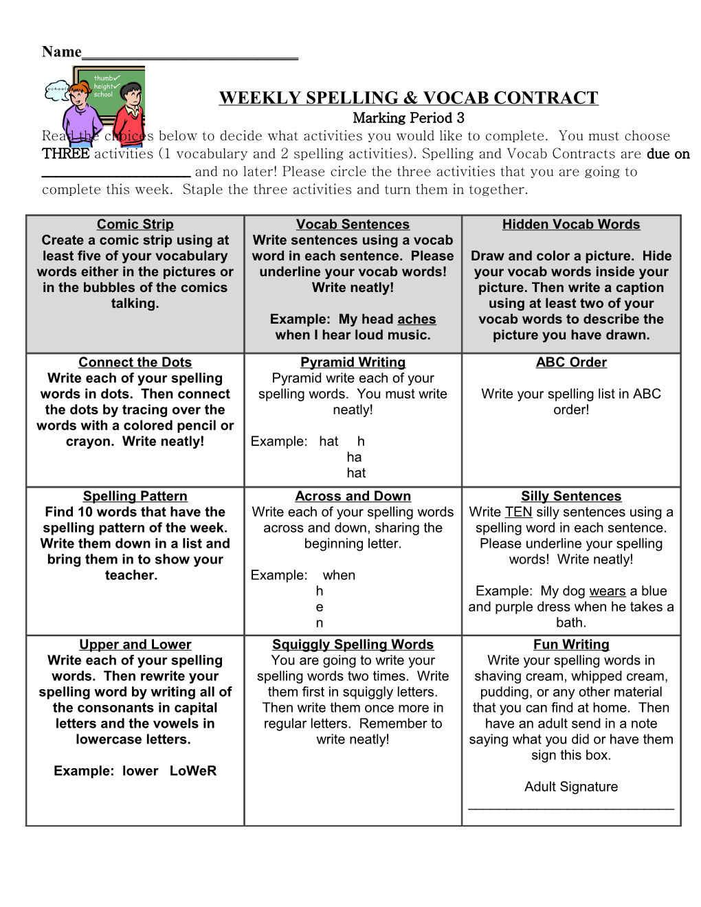 Weekly Spelling & Vocab Contract