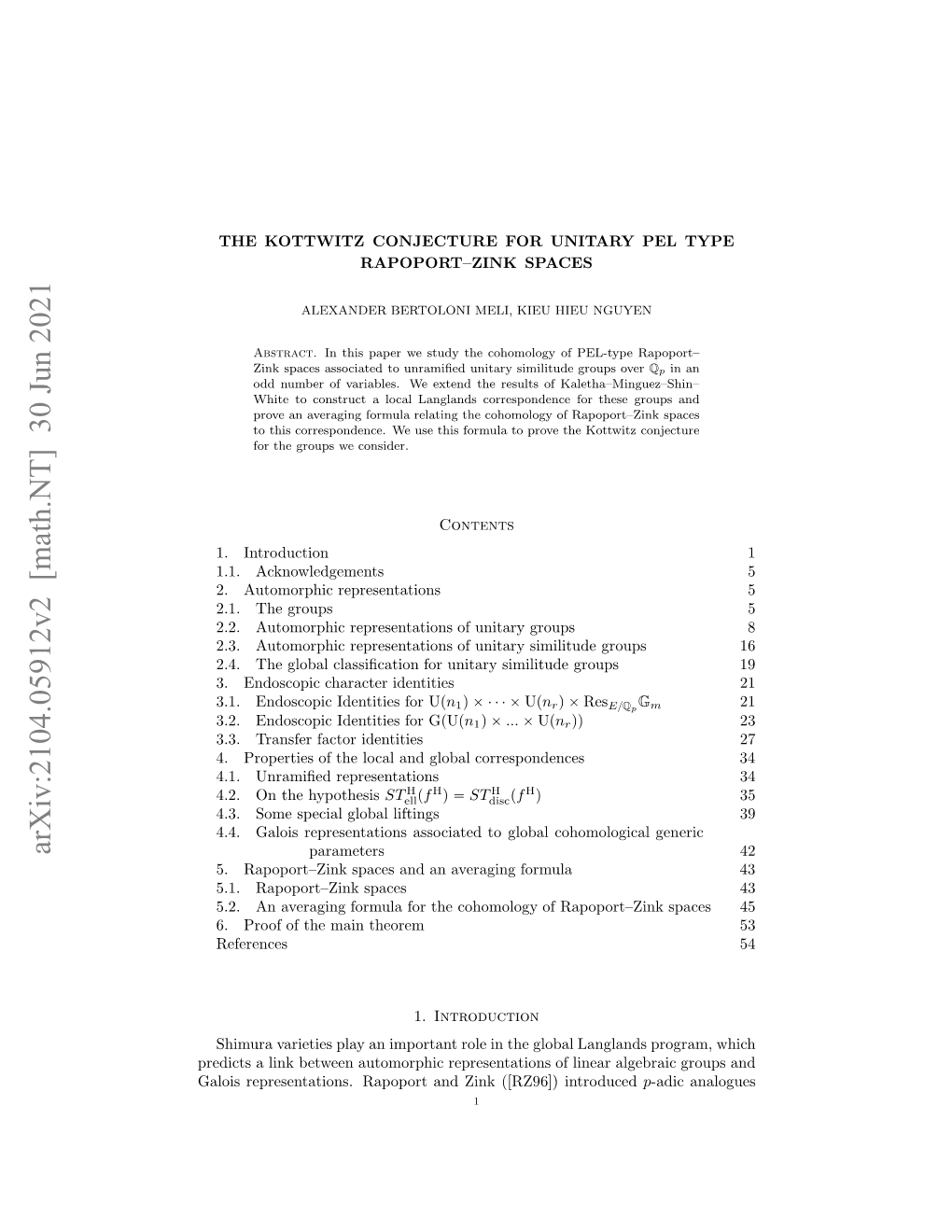 Arxiv:2104.05912V2 [Math.NT] 30 Jun 2021 Aosrpeettos Aootadzn [Z6)Introduced ([RZ96]) Zink and Algeb Rapoport Linear of Representations