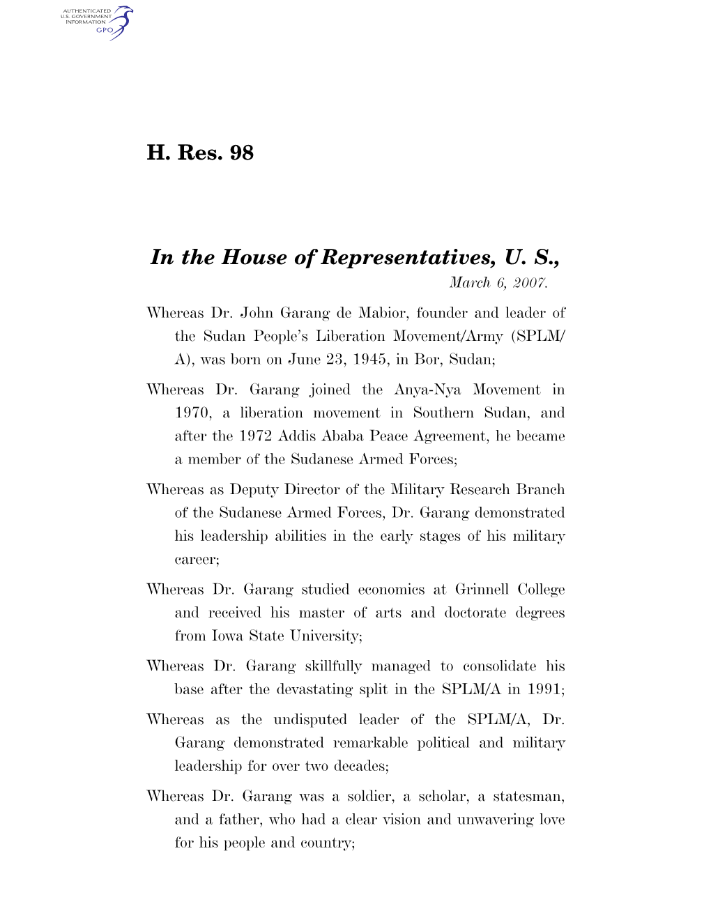 H. Res. 98 in the House of Representatives, U