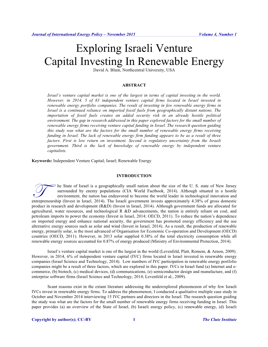 Exploring Israeli Venture Capital Investing in Renewable Energy David A