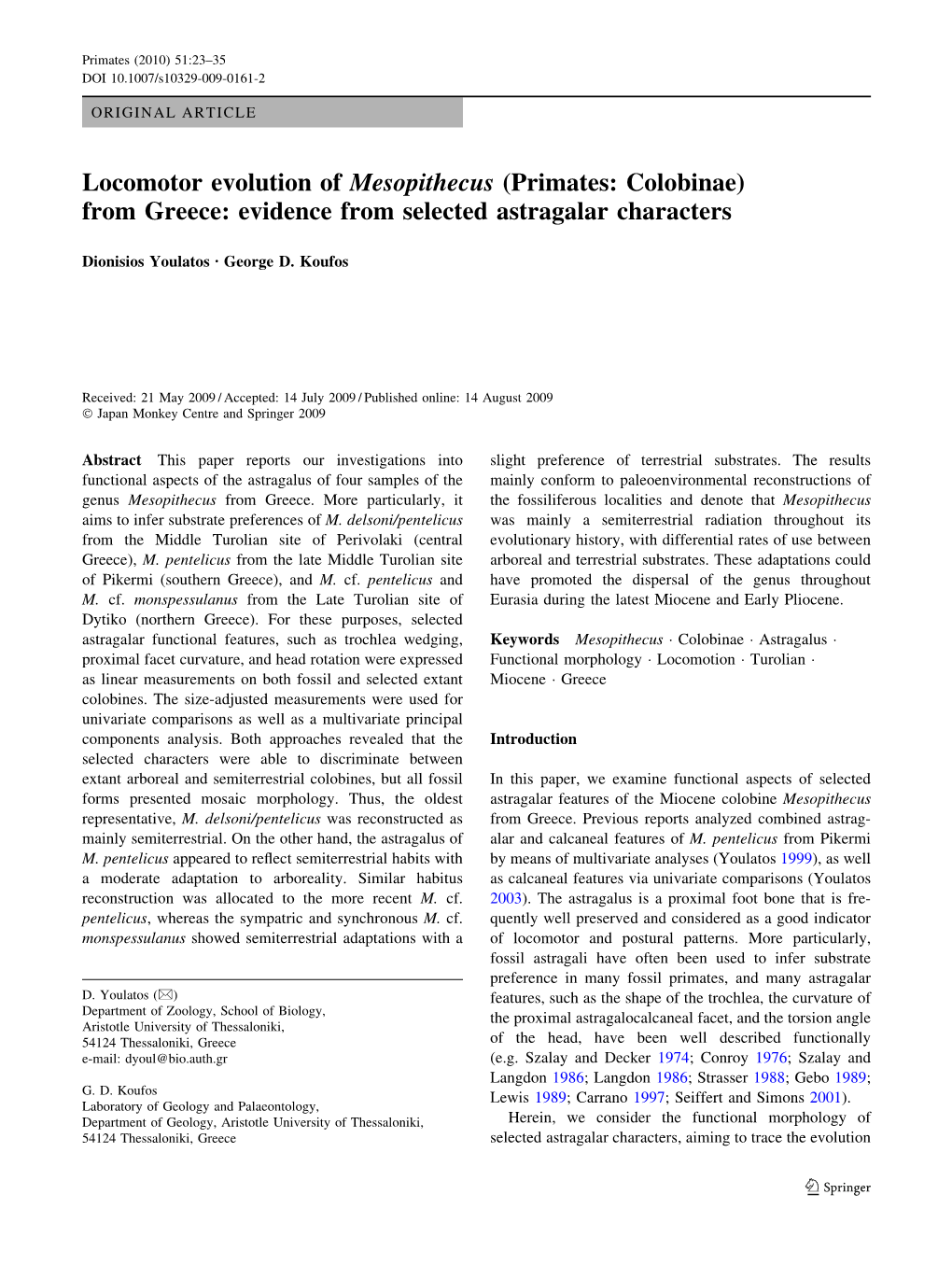 Locomotor Evolution of Mesopithecus (Primates: Colobinae) from Greece: Evidence from Selected Astragalar Characters