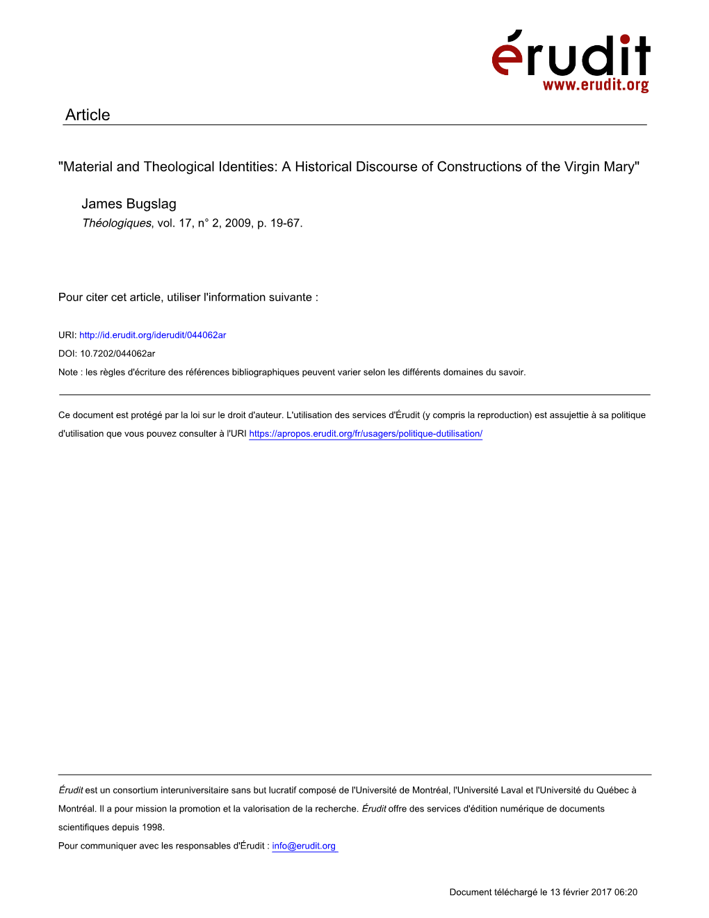 Material and Theological Identities: a Historical Discourse of Constructions of the Virgin Mary