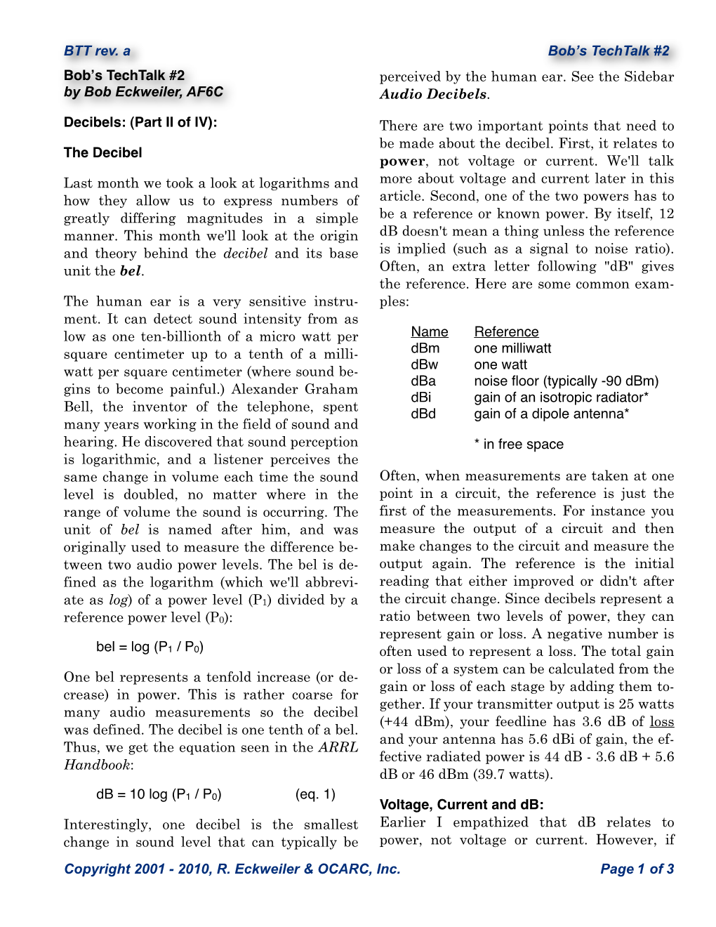 Bob's Techtalk #2 by Bob Eckweiler, AF6C Decibels: (Part II Of