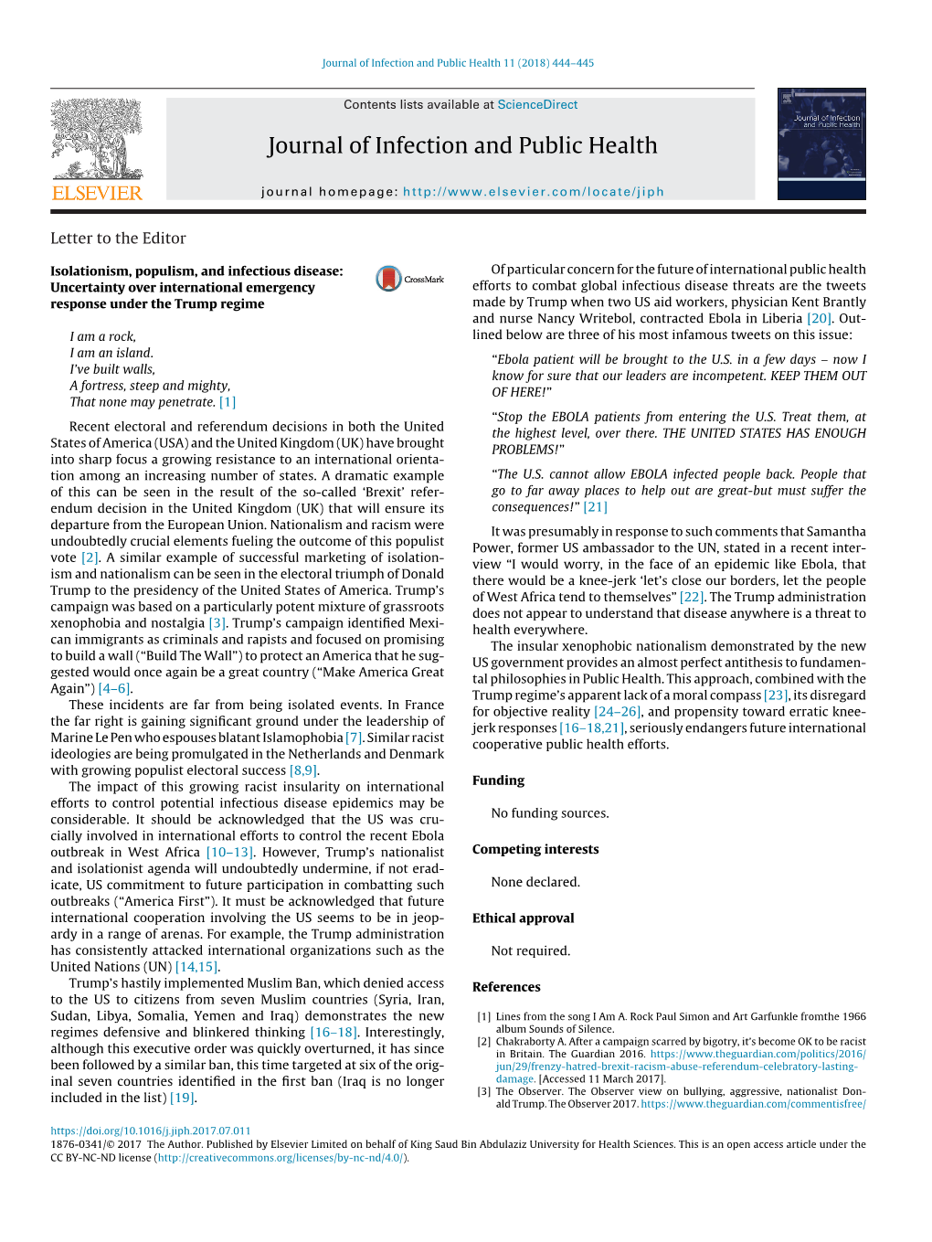 Isolationism, Populism, and Infectious Disease: of Particular Concern for the Future of International Public Health