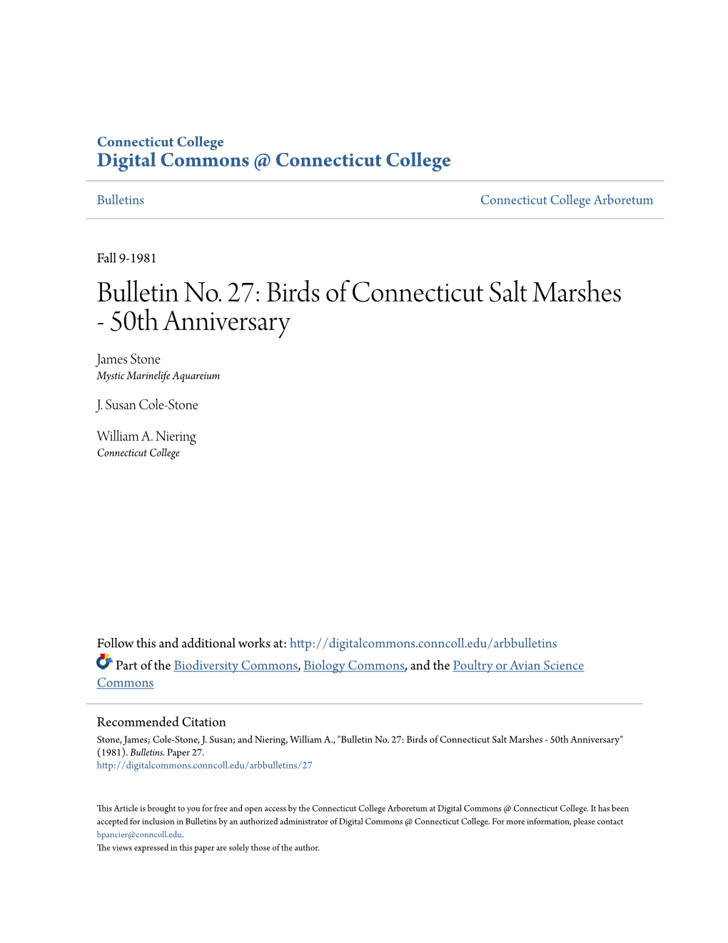 Bulletin No. 27: Birds of Connecticut Salt Marshes - 50Th Anniversary James Stone Mystic Marinelife Aquareium