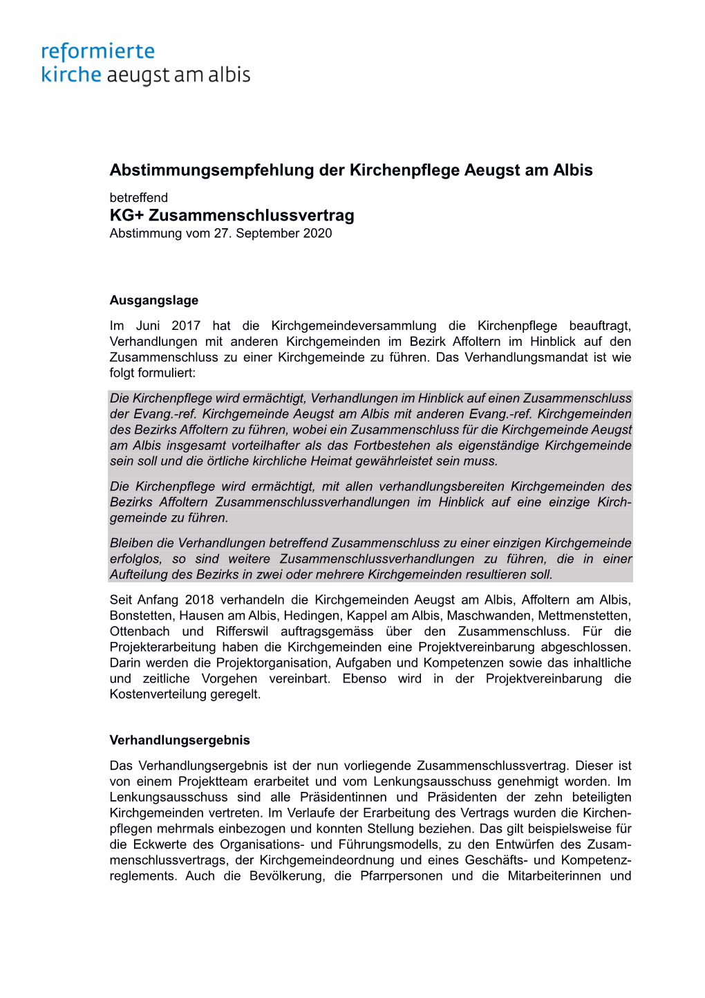 Abstimmungsempfehlung Der Kirchenpflege Aeugst Am Albis KG+