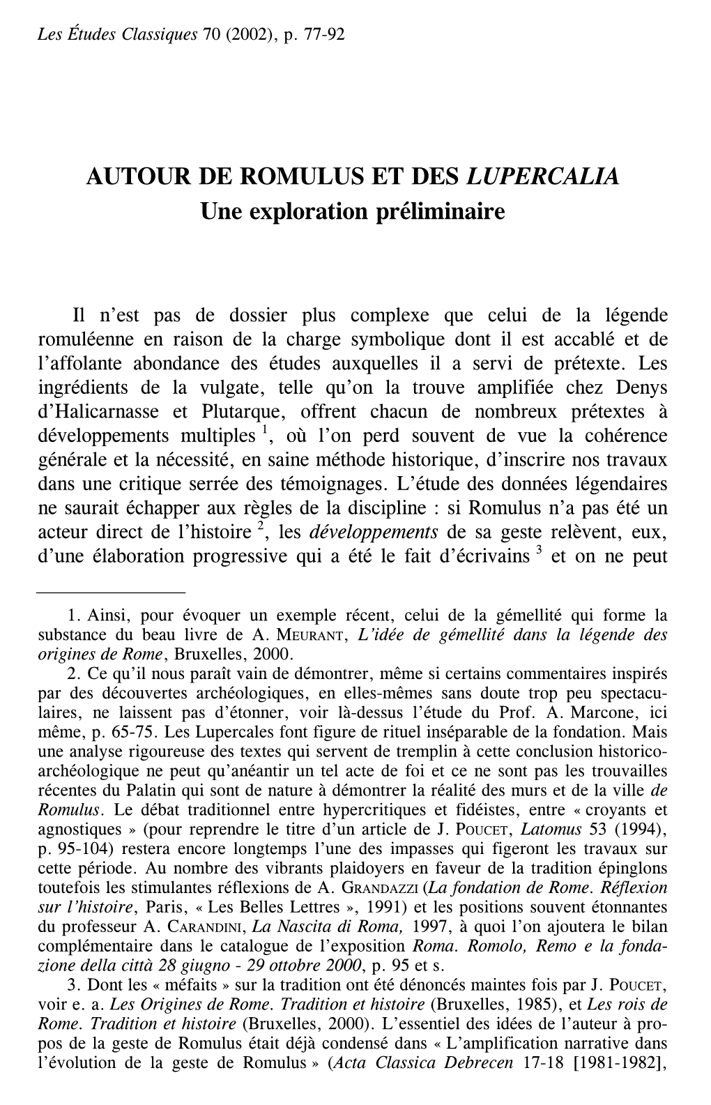 AUTOUR DE ROMULUS ET DES LUPERCALIA Une Exploration Préliminaire