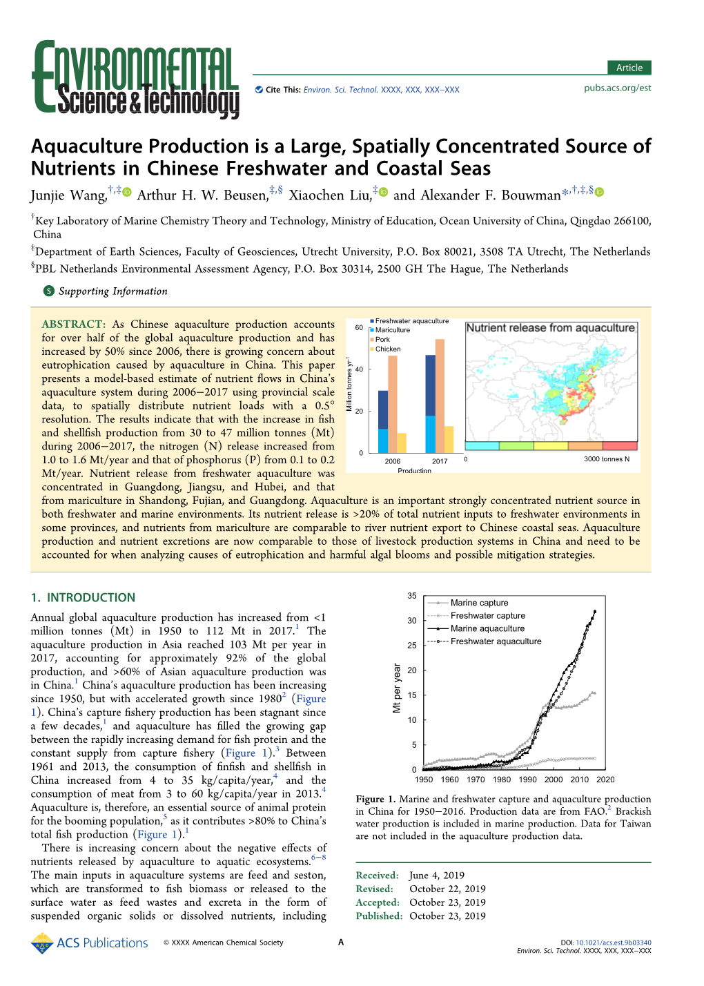 Aquaculture Production Is a Large, Spatially Concentrated Source of Nutrients in Chinese Freshwater and Coastal Seas † ‡ ‡ § ‡ † ‡ § Junjie Wang, , Arthur H