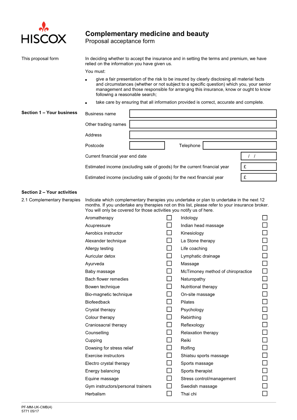 Malpractice Complementary Medicine Beauty Proposal Form