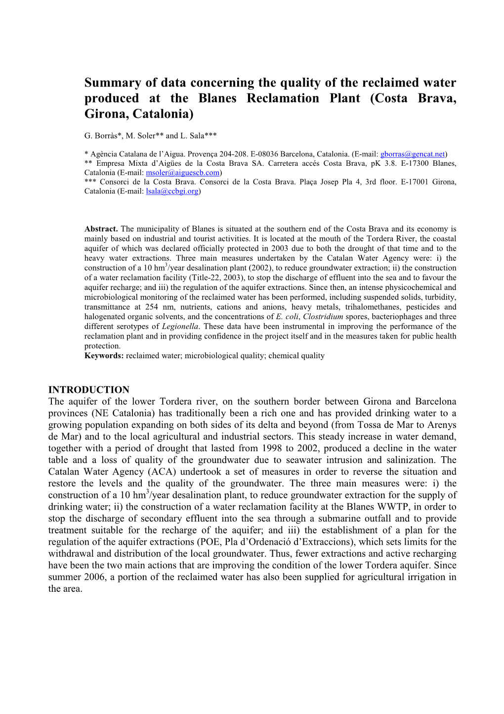 Summary of Data Concerning the Quality of the Reclaimed Water Produced at the Blanes Reclamation Plant (Costa Brava, Girona, Catalonia)