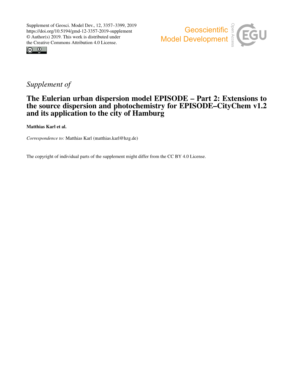 Supplement of the Eulerian Urban Dispersion Model EPISODE