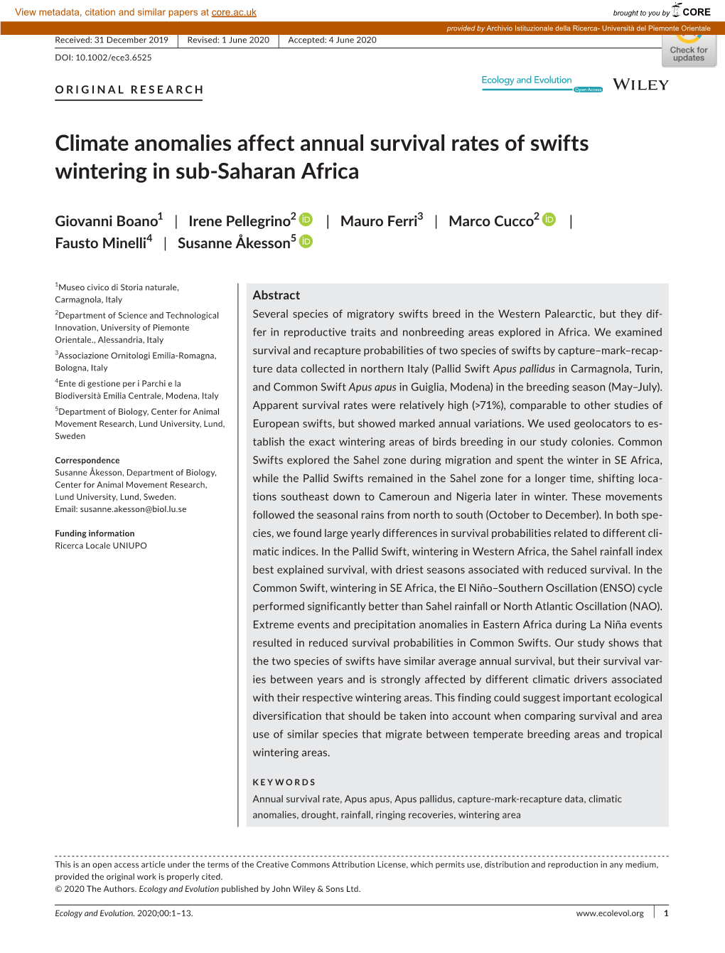 Climate Anomalies Affect Annual Survival Rates of Swifts Wintering in Sub-Saharan Africa