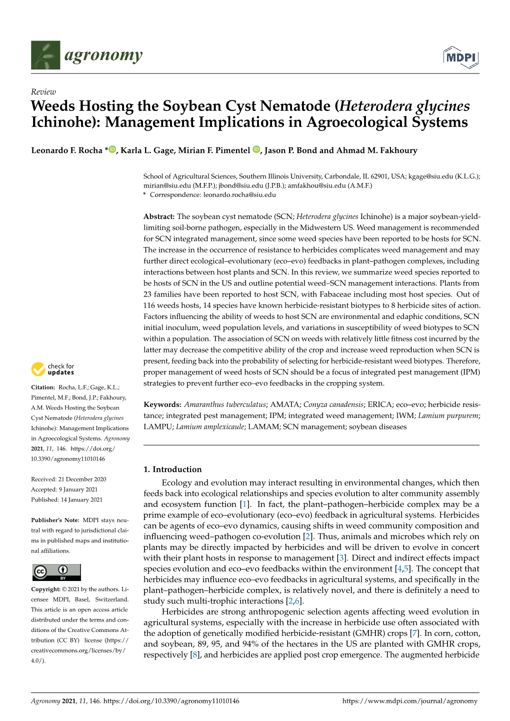 Weeds Hosting the Soybean Cyst Nematode (Heterodera Glycines Ichinohe): Management Implications in Agroecological Systems