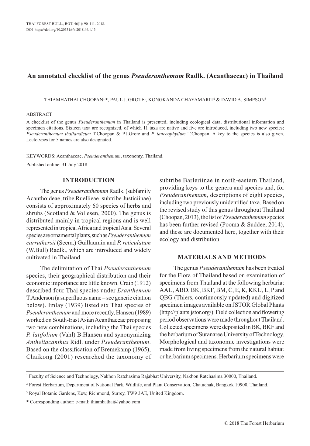 An Annotated Checklist of the Genus Pseuderanthemum Radlk. (Acanthaceae) in Thailand