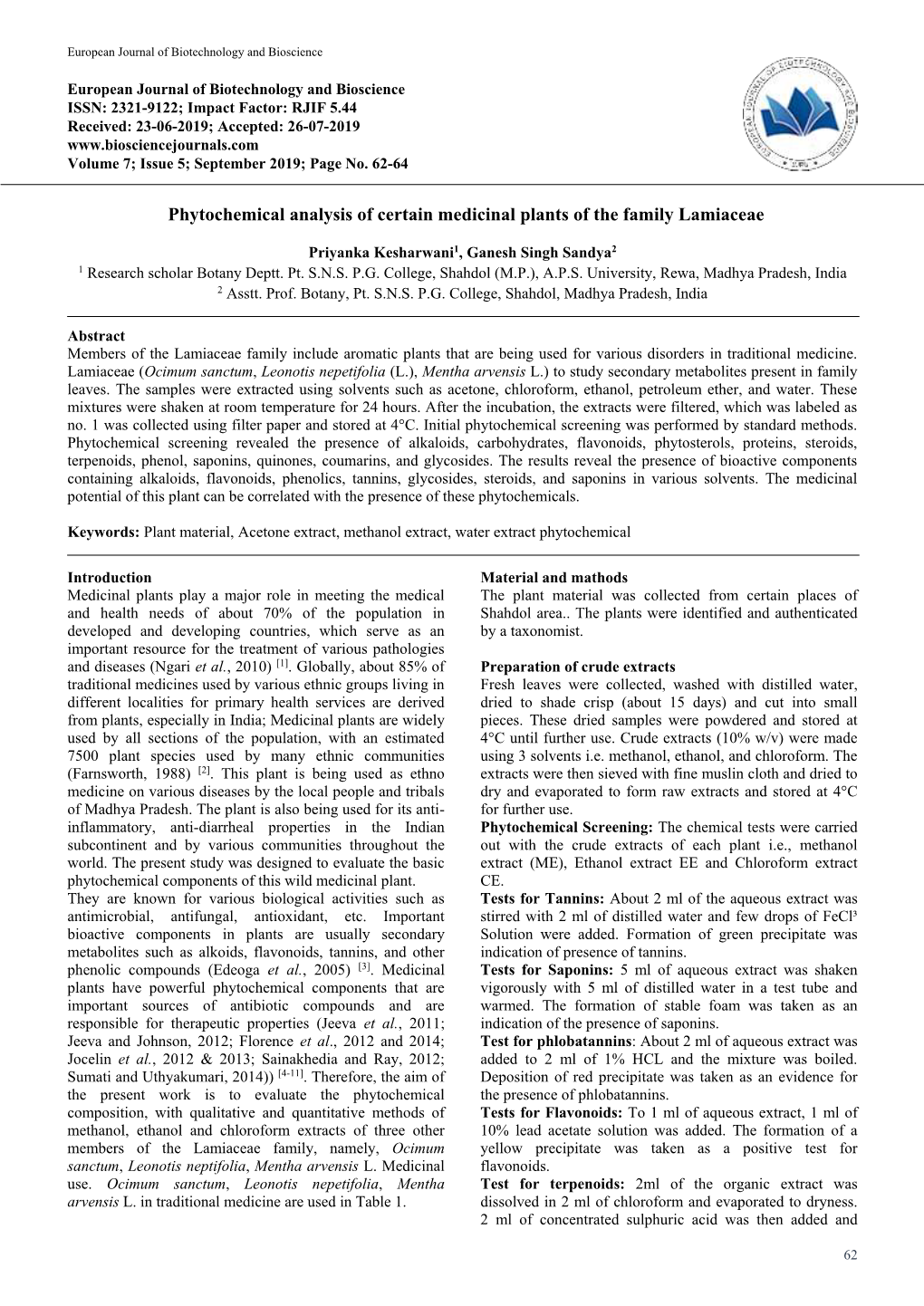 Phytochemical Analysis of Certain Medicinal Plants of the Family Lamiaceae