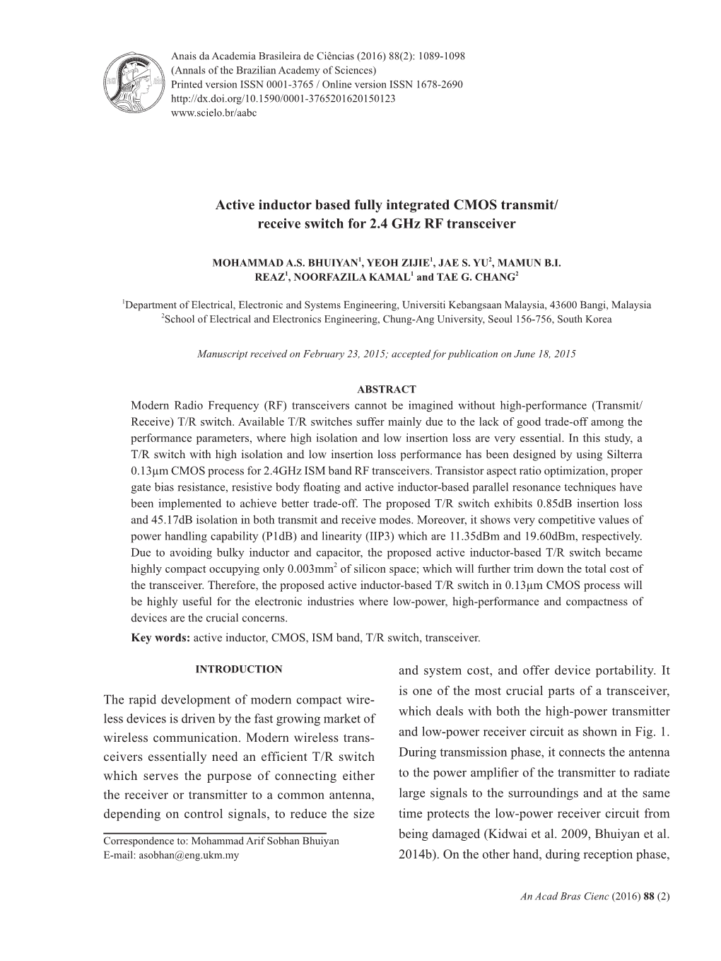 Active Inductor Based Fully Integrated CMOS Transmit/ Receive Switch for 2.4 Ghz RF Transceiver