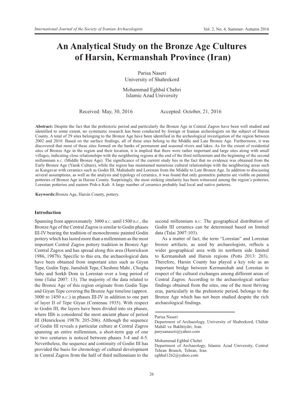 An Analytical Study on the Bronze Age Cultures of Harsin, Kermanshah Province (Iran)