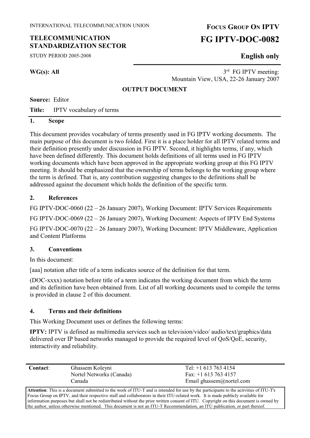 FG IPTV-DOC-0060 (22 26 January 2007), Working Document: IPTV Services Requirements