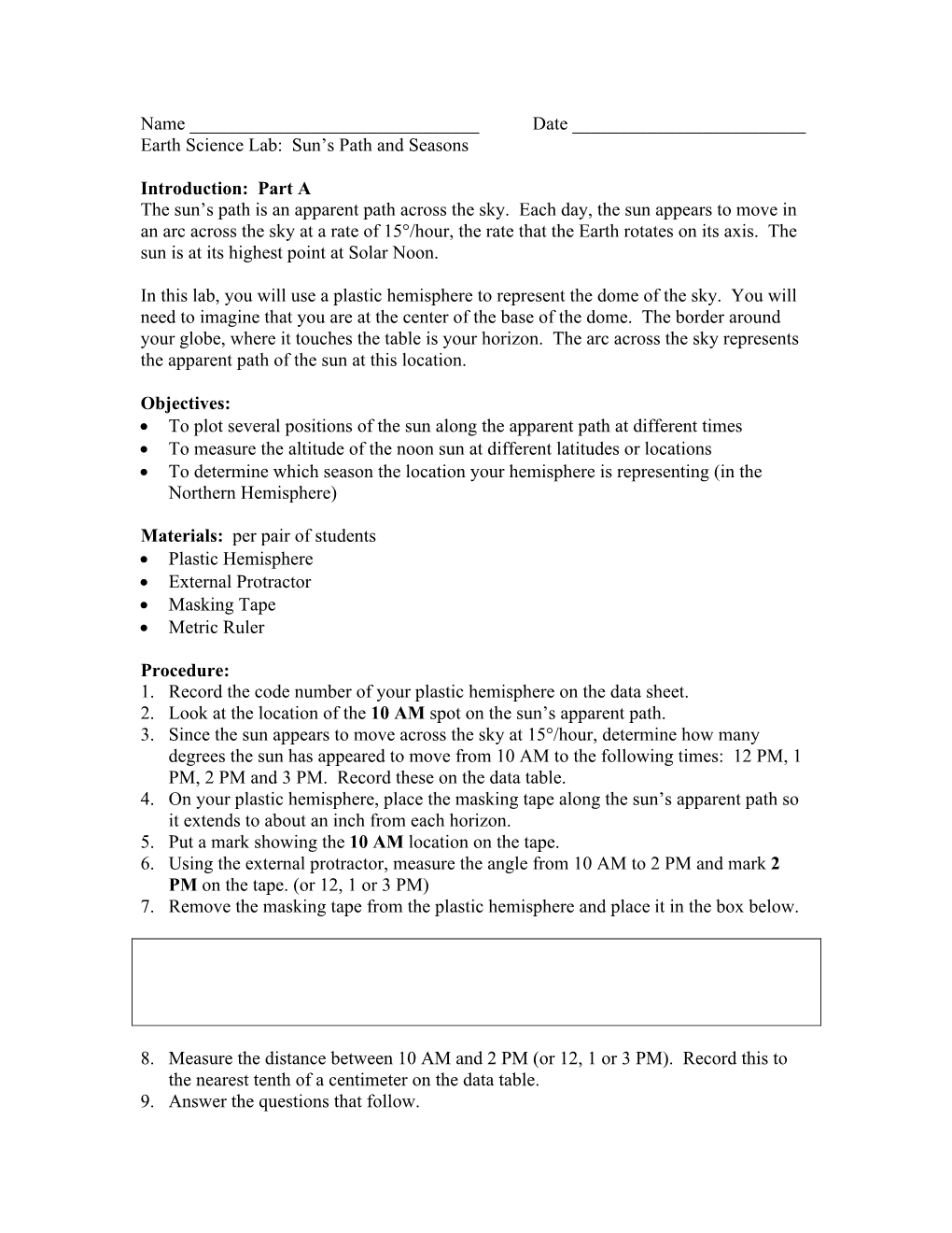 Name Date Earth Science Lab: Sun's Path and Seasons Introduction