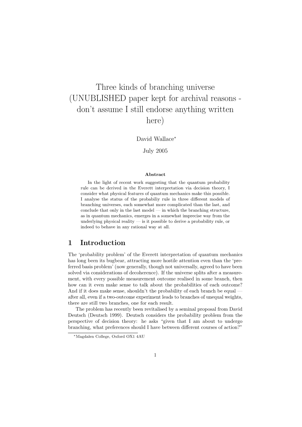 Three Kinds of Branching Universe (UNUBLISHED Paper Kept for Archival Reasons - Don’T Assume I Still Endorse Anything Written Here)