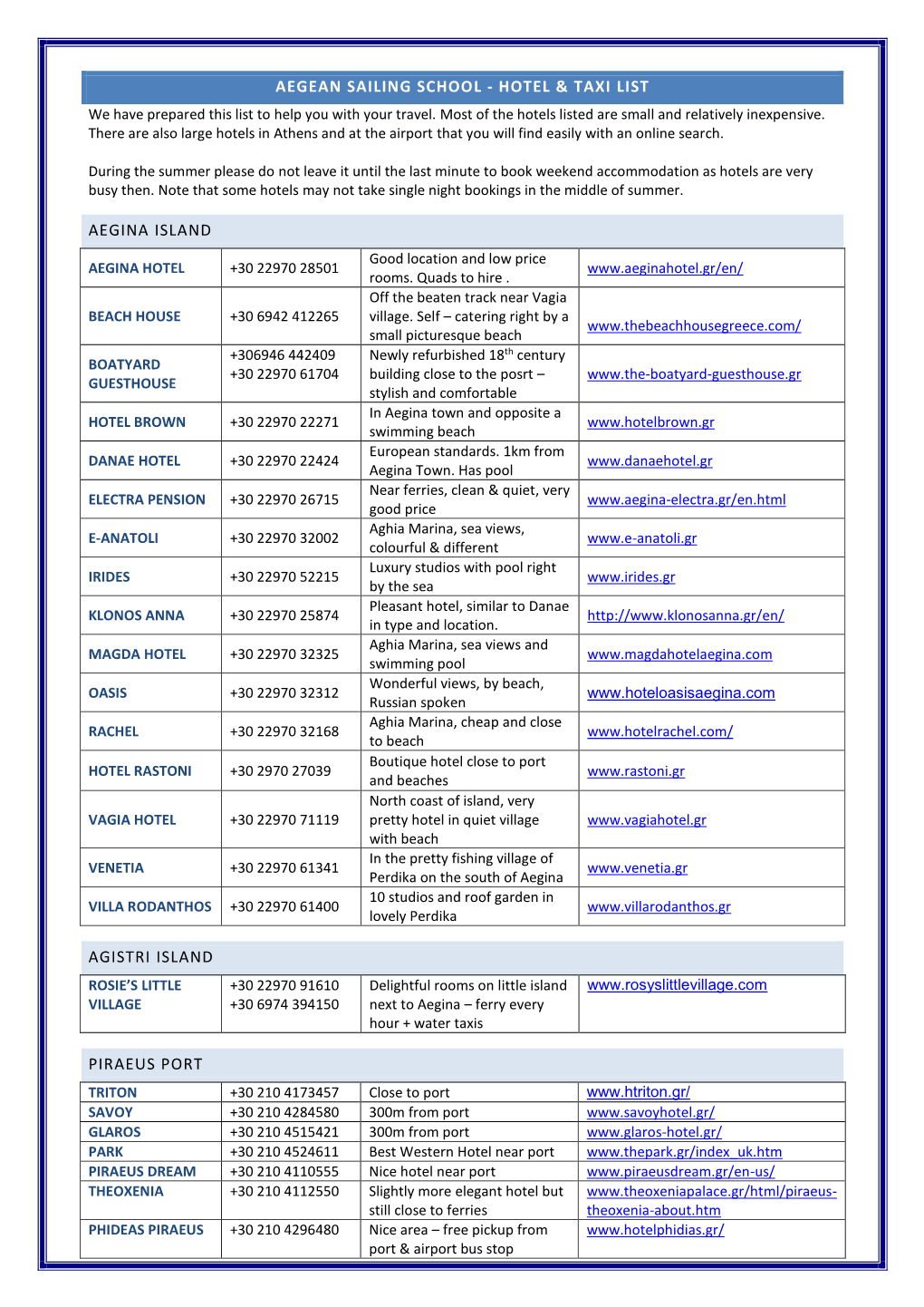 Hotel & Taxi List Aegina Island Agistri Island Piraeus Port