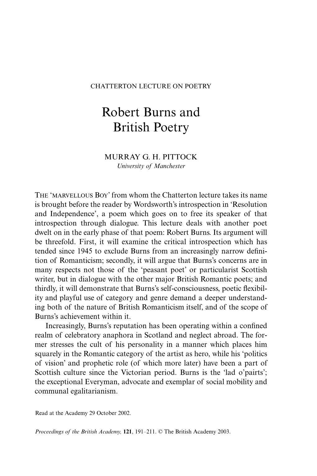 Robert Burns and British Poetry