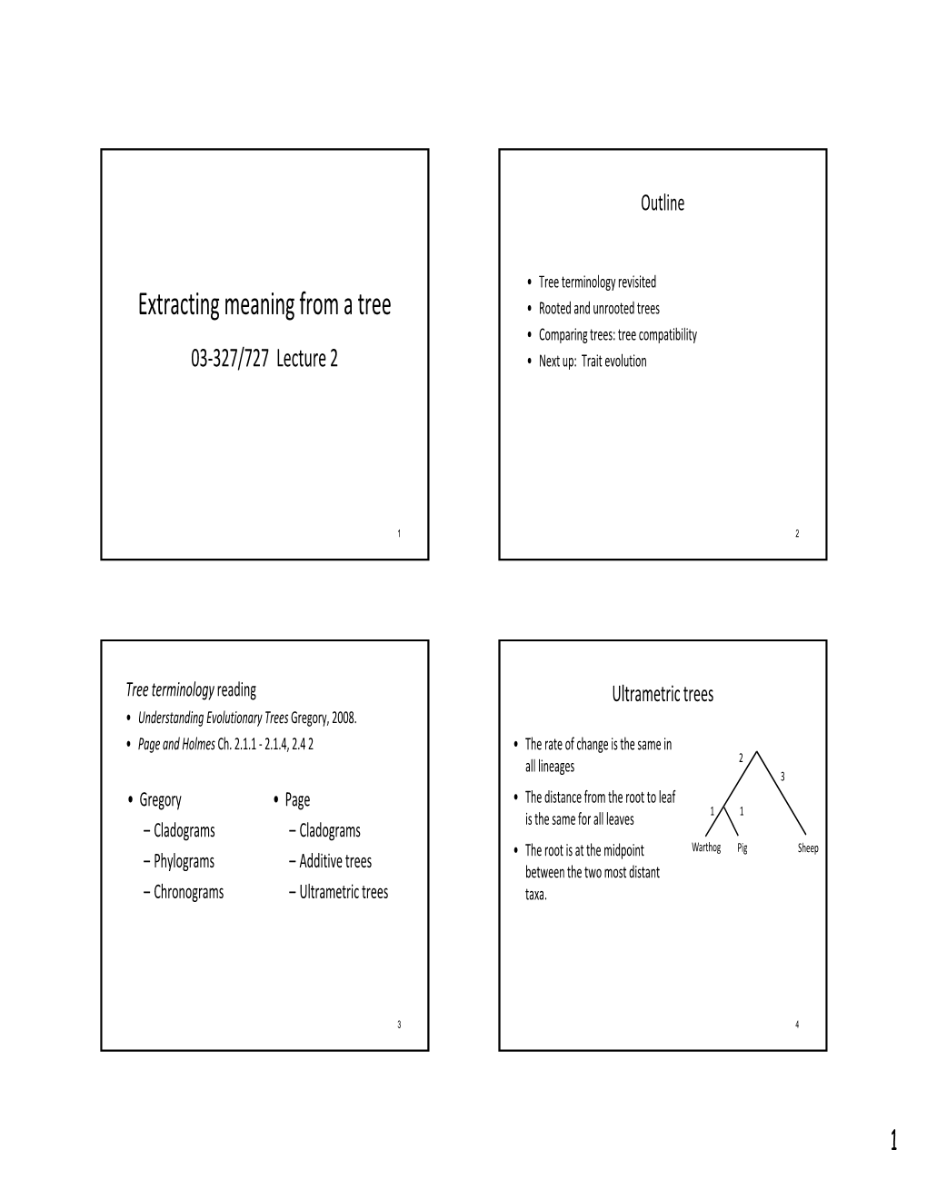 Extracting Meaning from a Tree • Rooted and Unrooted Trees •Comparing Trees: Tree Compatibility 03‐327/727 Lecture 2 •Next Up: Trait Evolution