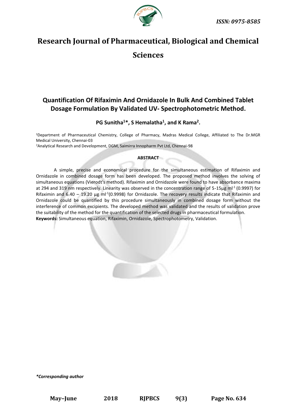 Quantification of Rifaximin and Ornidazole in Bulk and Combined Tablet Dosage Formulation by Validated UV- Spectrophotometric Method