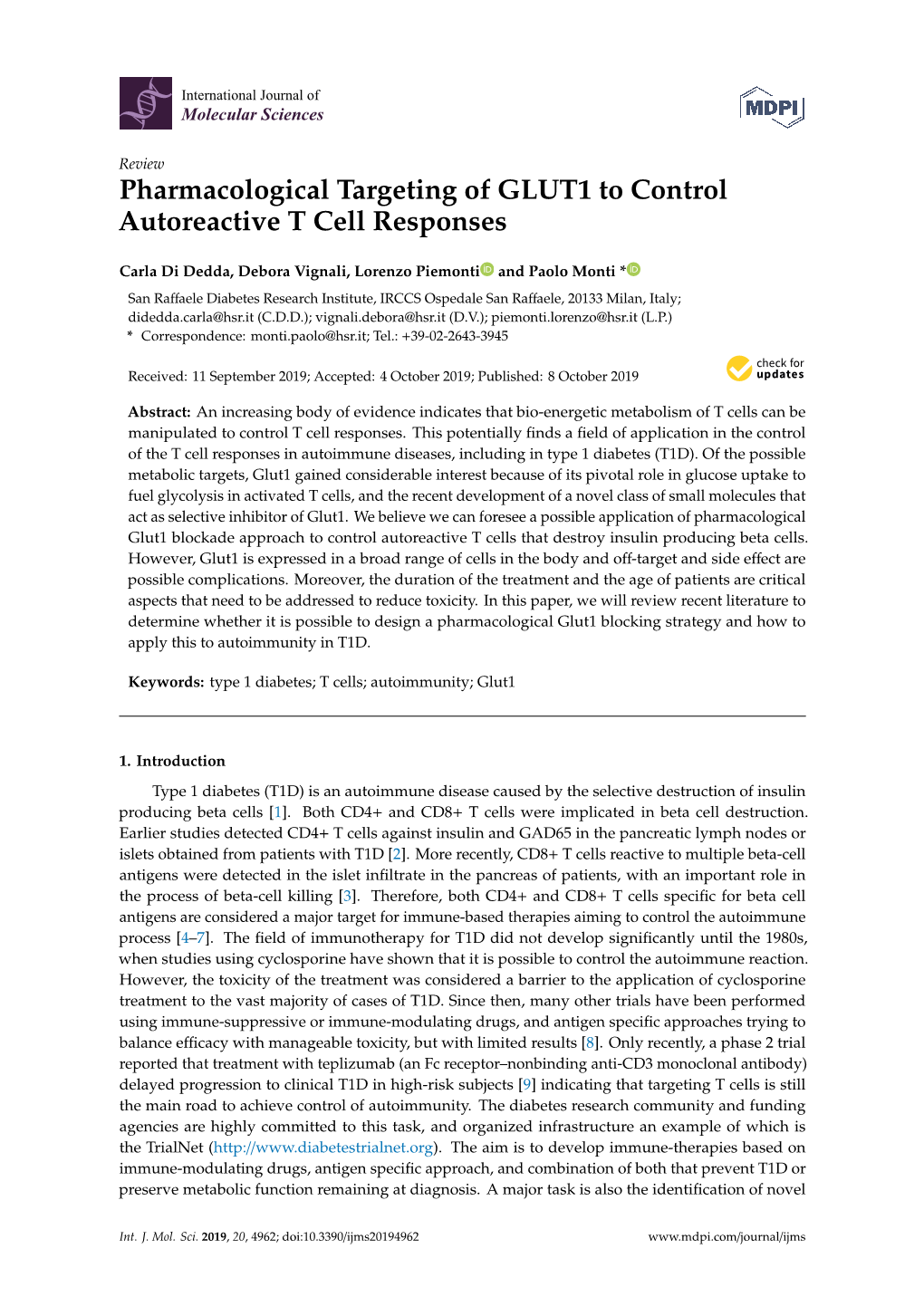 Pharmacological Targeting of GLUT1 to Control Autoreactive T Cell Responses