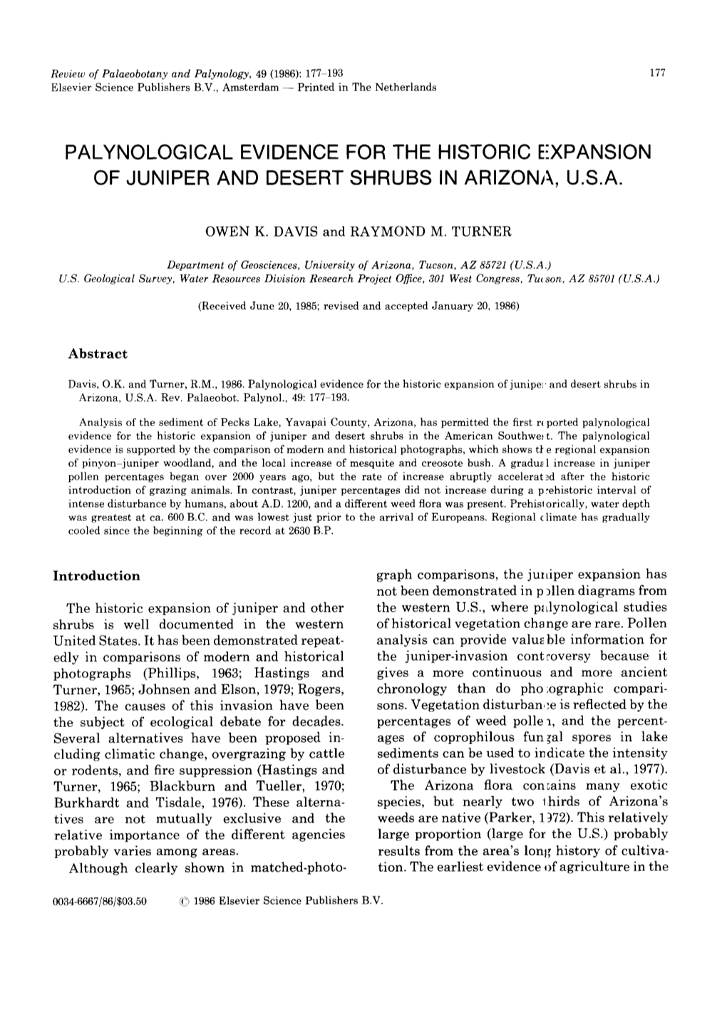 Palynological Evidence for the Historic Expansion of Juniper and Desert Shrubs in Arizona, U.S.A