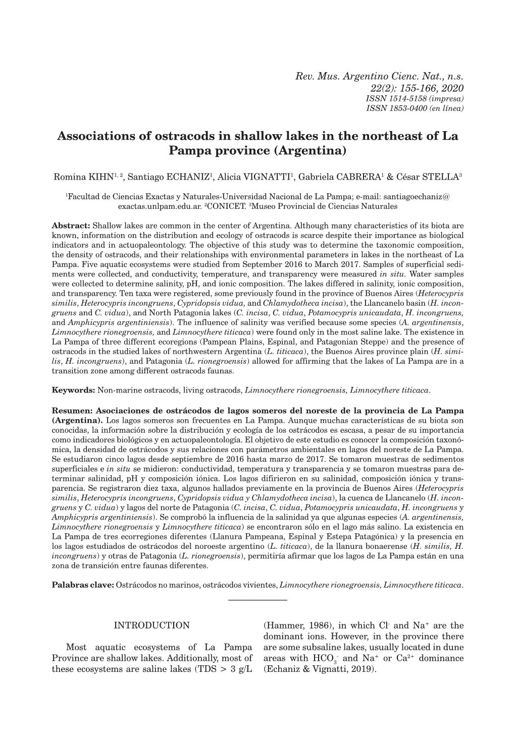 Associations of Ostracods in Shallow Lakes in the Northeast of La Pampa Province (Argentina)