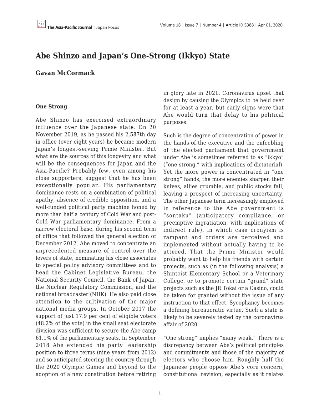 Abe Shinzo and Japan's One-Strong (Ikkyo) State