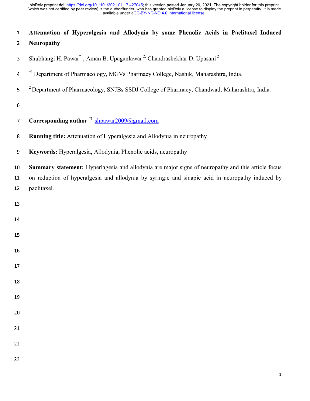 Attenuation of Hyperalgesia and Allodynia by Some Phenolic Acids in Paclitaxel Induced 2 Neuropathy