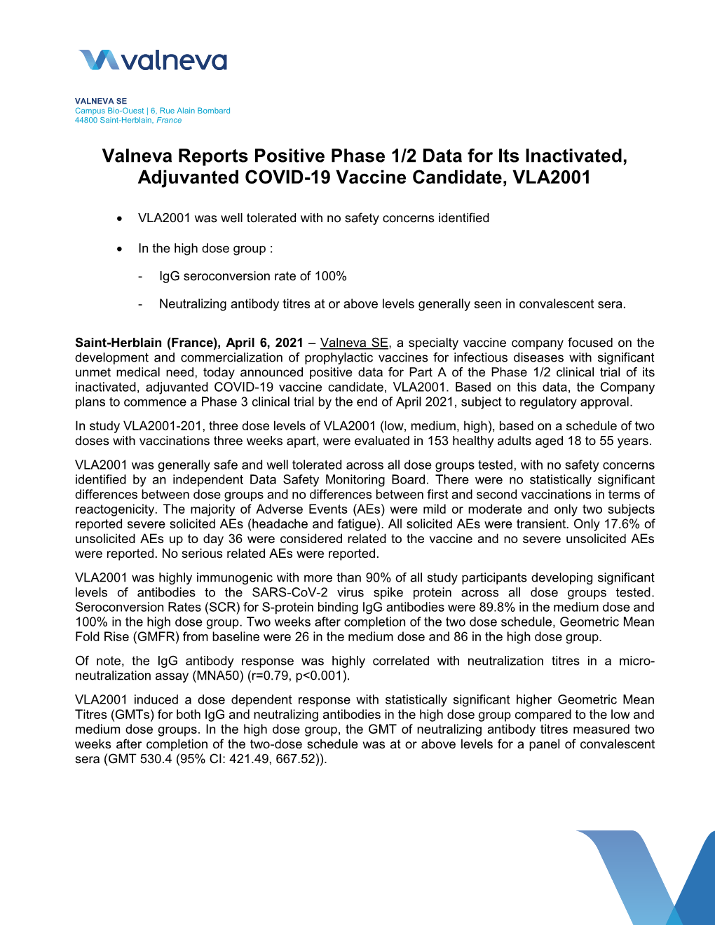 Valneva Reports Positive Phase 1/2 Data for Its Inactivated, Adjuvanted COVID-19 Vaccine Candidate, VLA2001