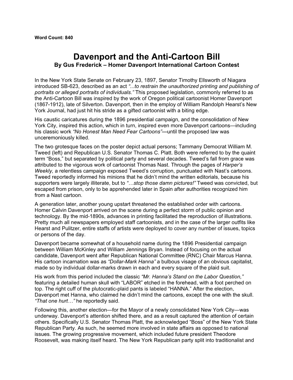 Davenport and the Anti-Cartoon Bill by Gus Frederick – Homer Davenport International Cartoon Contest