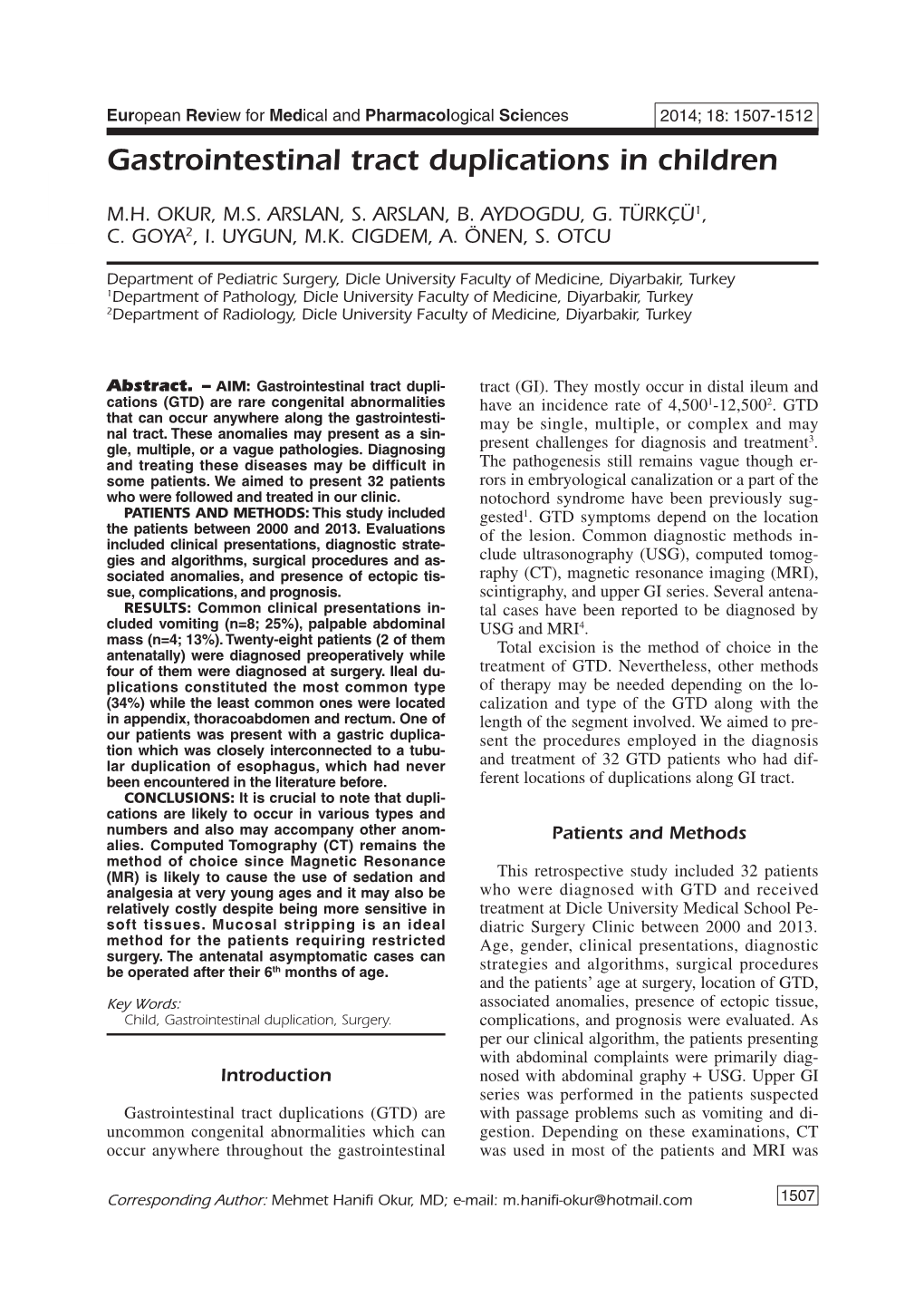 Gastrointestinal Tract Duplications in Children