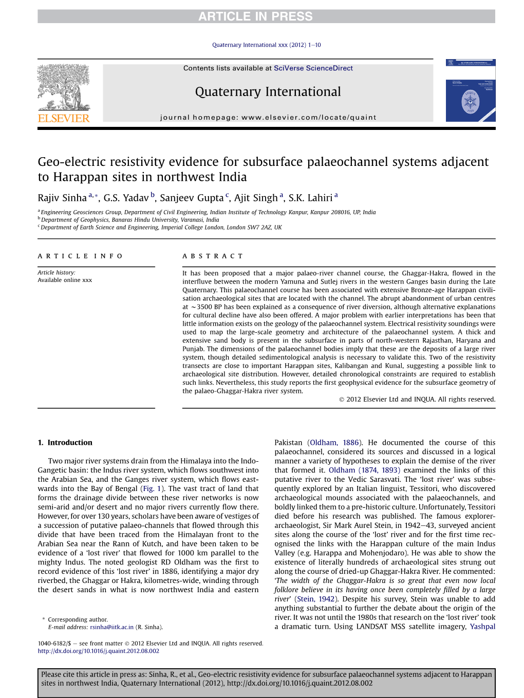 Geo-Electric Resistivity Evidence for Subsurface Palaeochannel Systems Adjacent to Harappan Sites in Northwest India