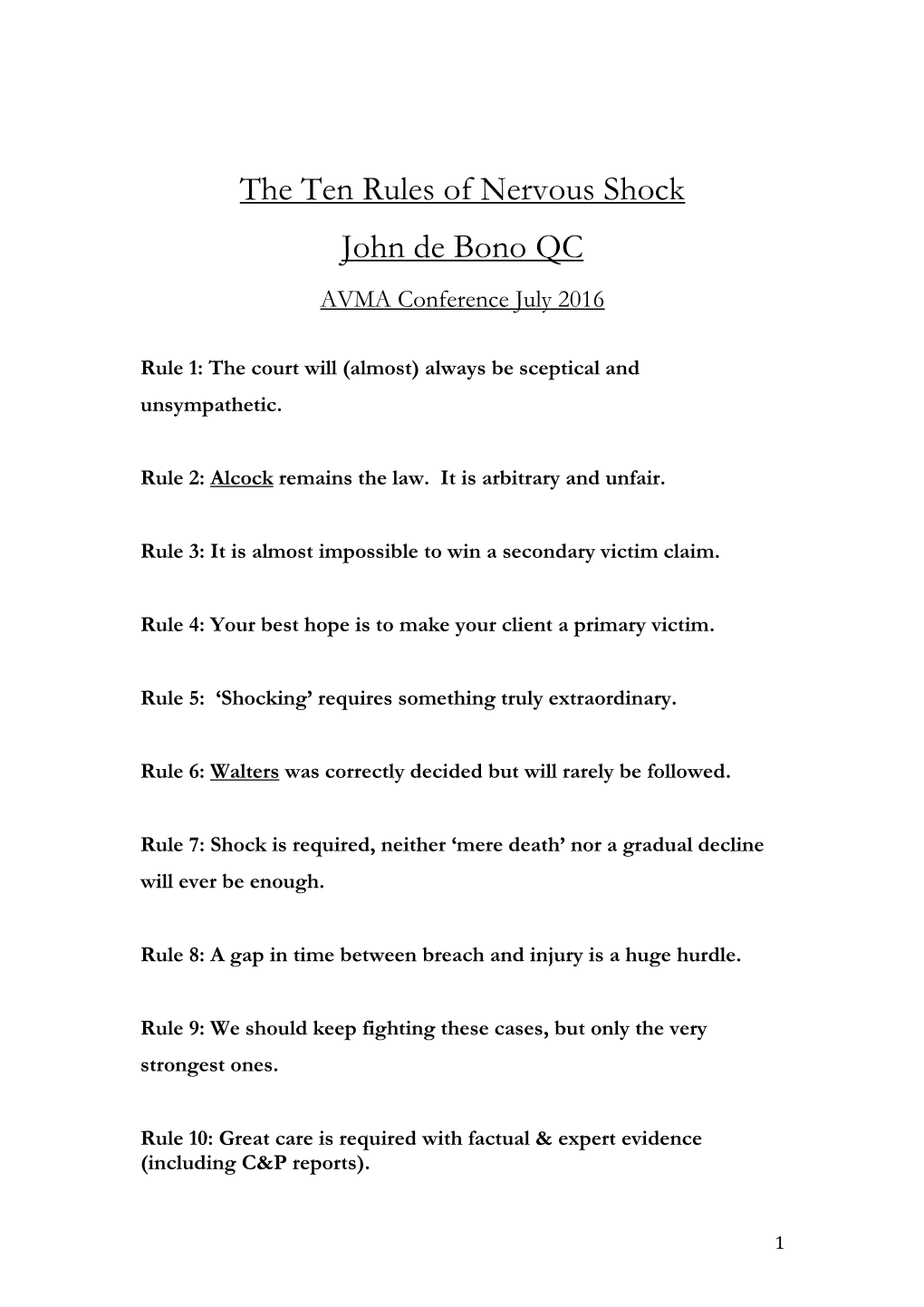 The Ten Rules of Nervous Shock John De Bono QC AVMA Conference July 2016