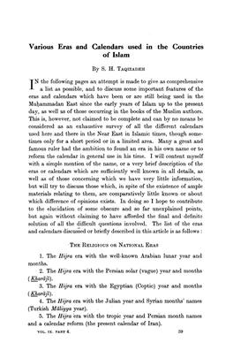 Various Eras and Calendars Used in the Countries of Islam