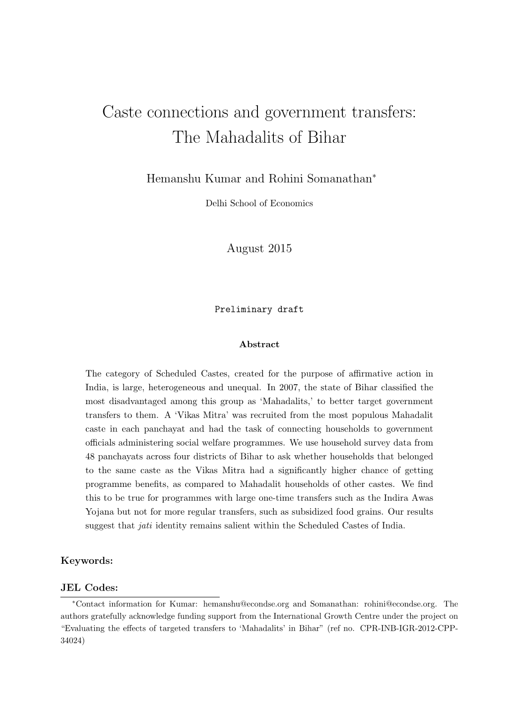 Caste Connections and Government Transfers: the Mahadalits of Bihar