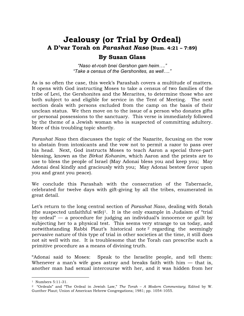 Jealousy (Or Trial by Ordeal) a D’Var Torah on Parashat Naso (Num